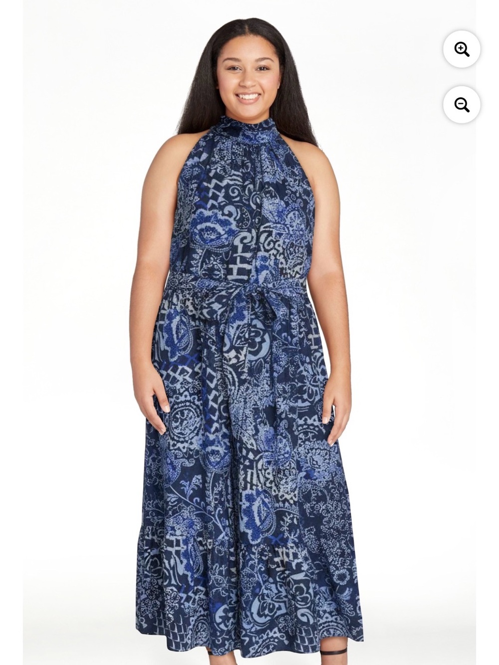 Blue & White Printed Halter Maxi Dress